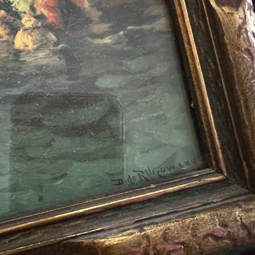 Framed Venetian Harbor Sailboat Painting in Teal and Gold - Picture 6 of 12